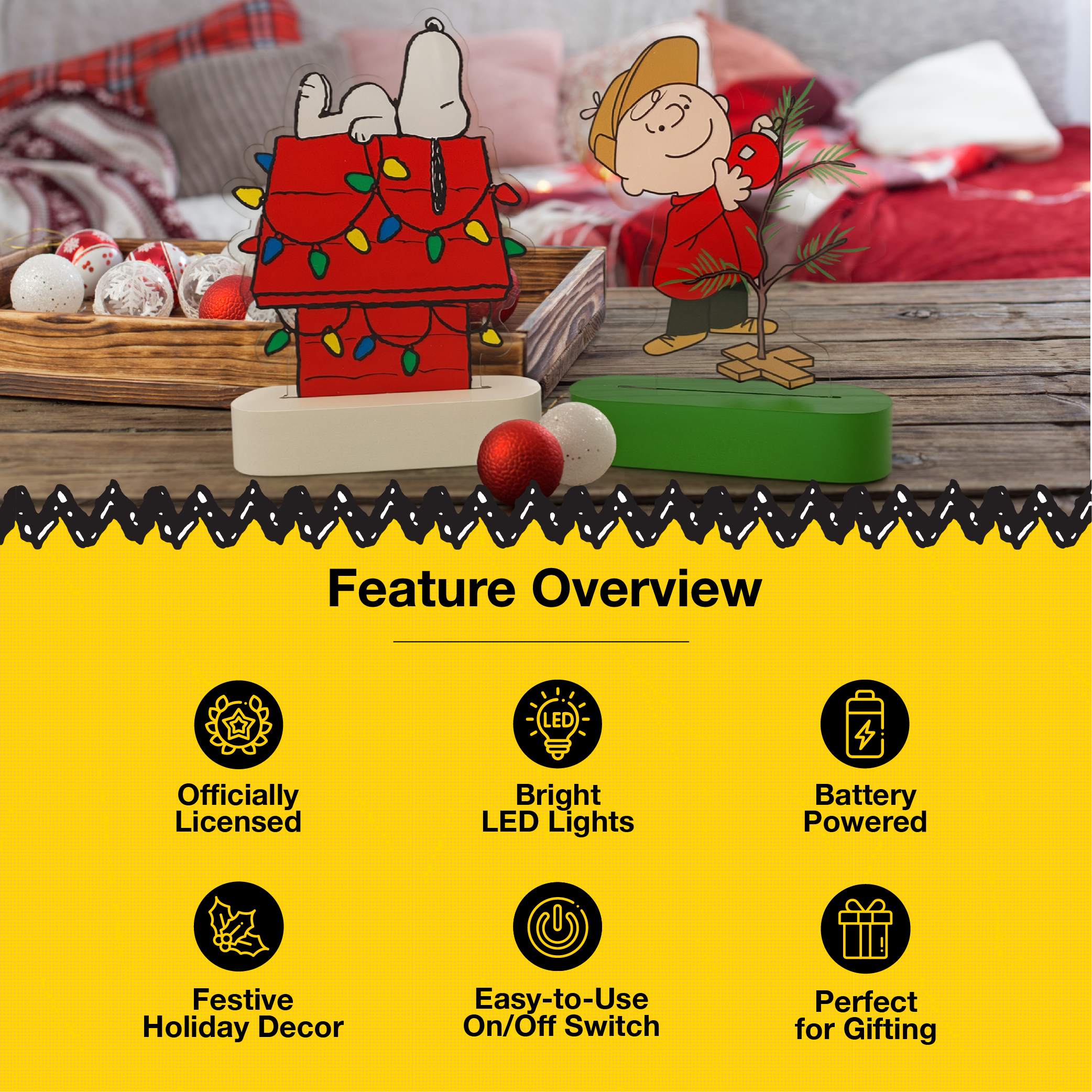Peanuts Holiday LED Illuminated Tabletop Lights, Snoopy's Decorated Doghouse and Charlie Brown's Christmas Tree, 6 Inch (Set of 2)