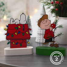 Load image into Gallery viewer, Peanuts Holiday LED Illuminated Tabletop Lights, Snoopy&#39;s Decorated Doghouse and Charlie Brown&#39;s Christmas Tree, 6 Inch (Set of 2)

