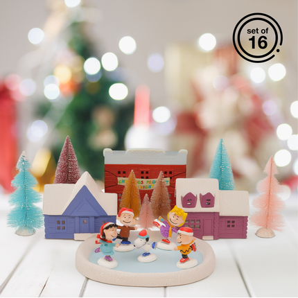 Peanuts Gang Ice Skating Porcelain Holiday Village and Trees (Set of 16)