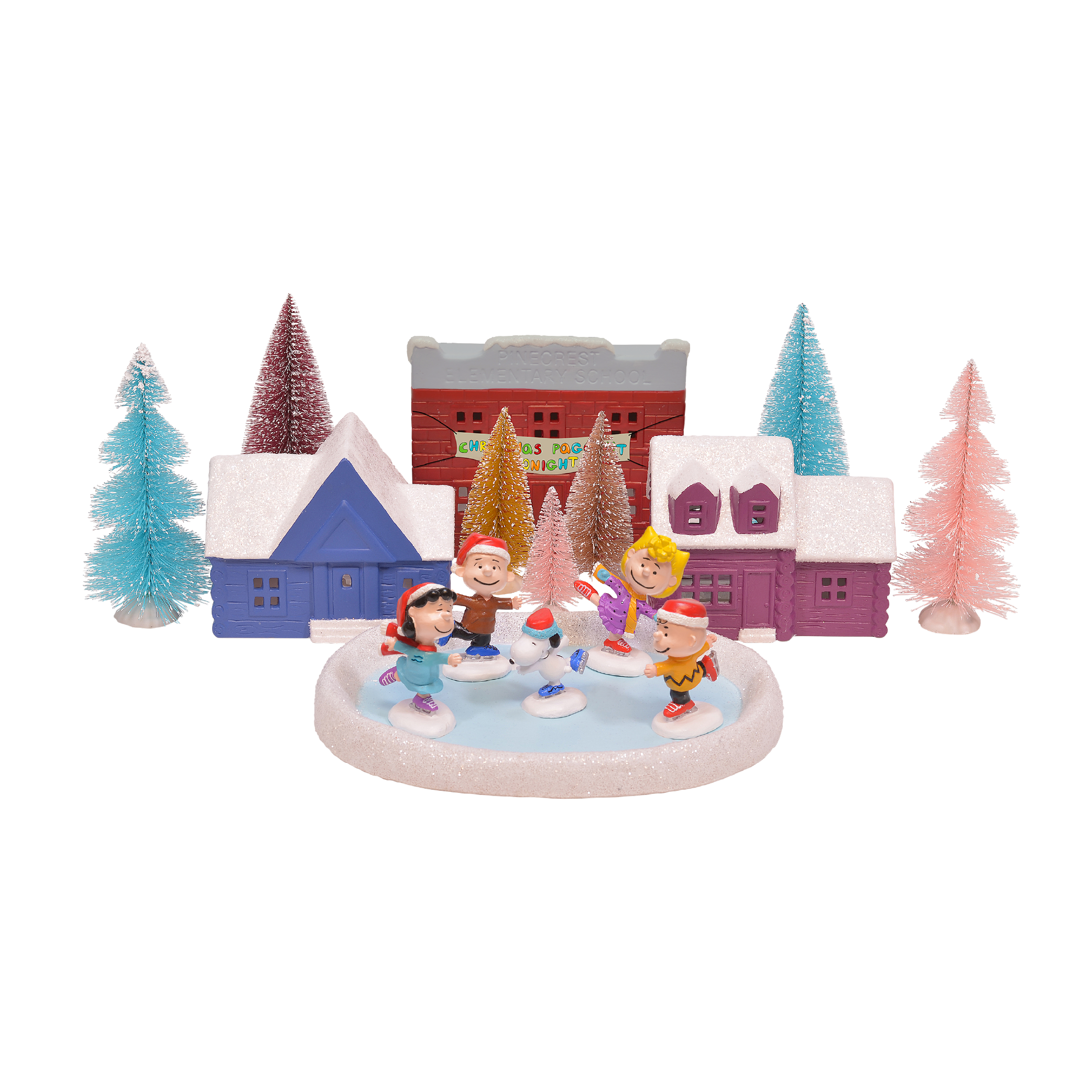 Peanuts Gang Ice Skating Porcelain Holiday Village and Trees, Set of 16