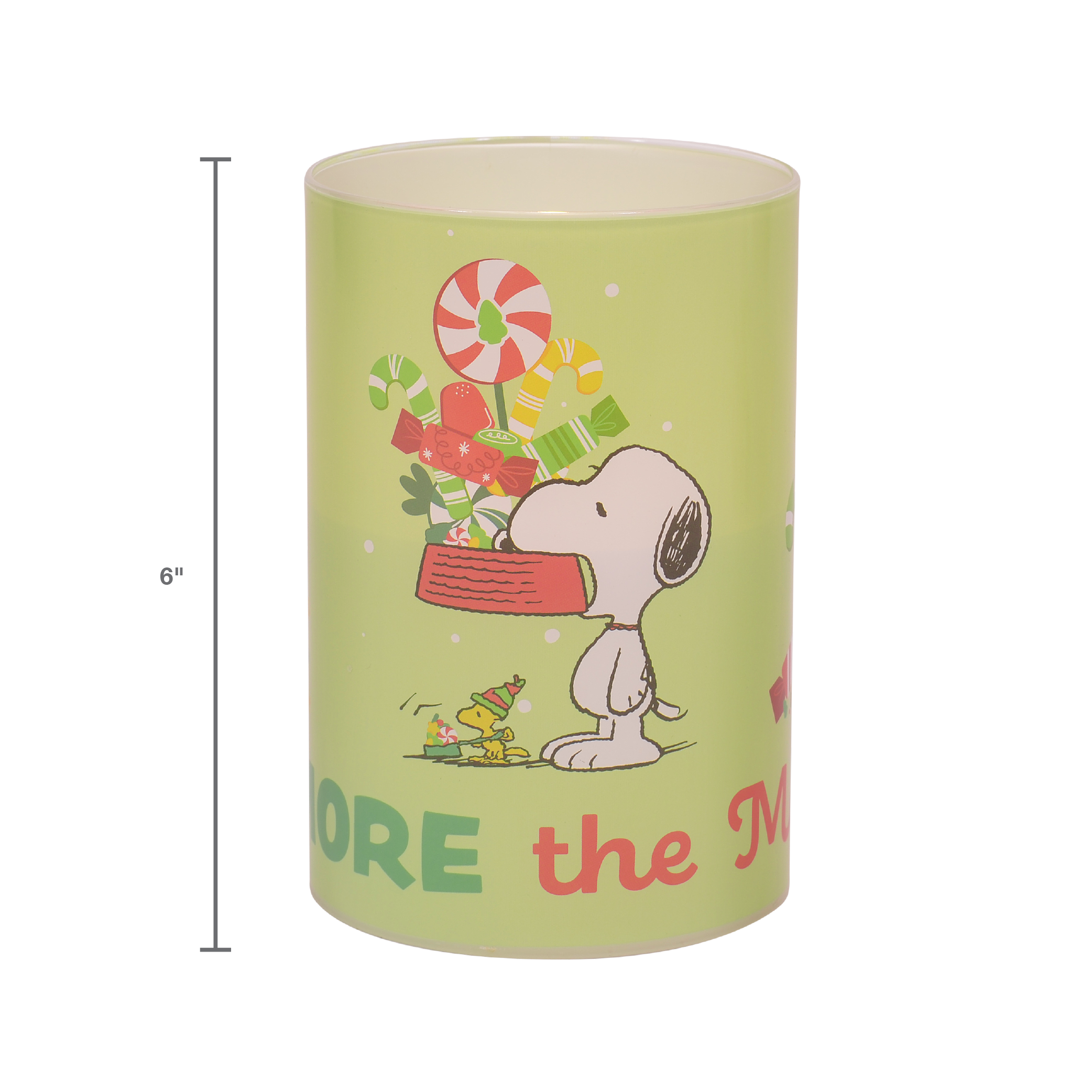 Peanuts Snoopy and Gang The More The Merrier Flameless LED Glass Holiday Pillar Candle, 4 x 6 Inch
