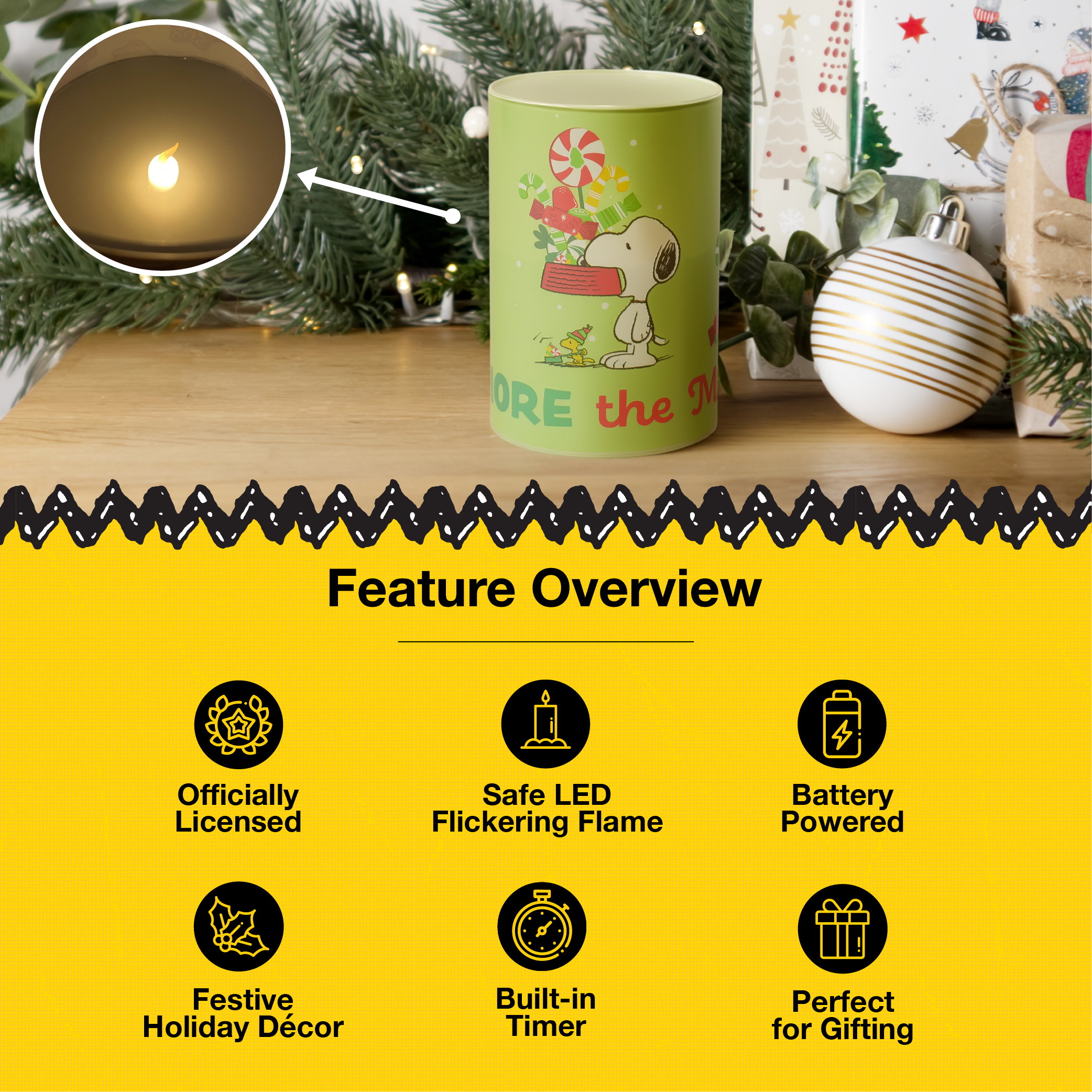 Peanuts Snoopy and Gang The More The Merrier Flameless LED Glass Holiday Pillar Candle, 4 x 6 Inch