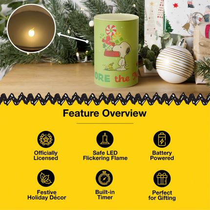 Peanuts Snoopy and Gang The More The Merrier Flameless LED Glass Holiday Pillar Candle, 4 x 6 Inch