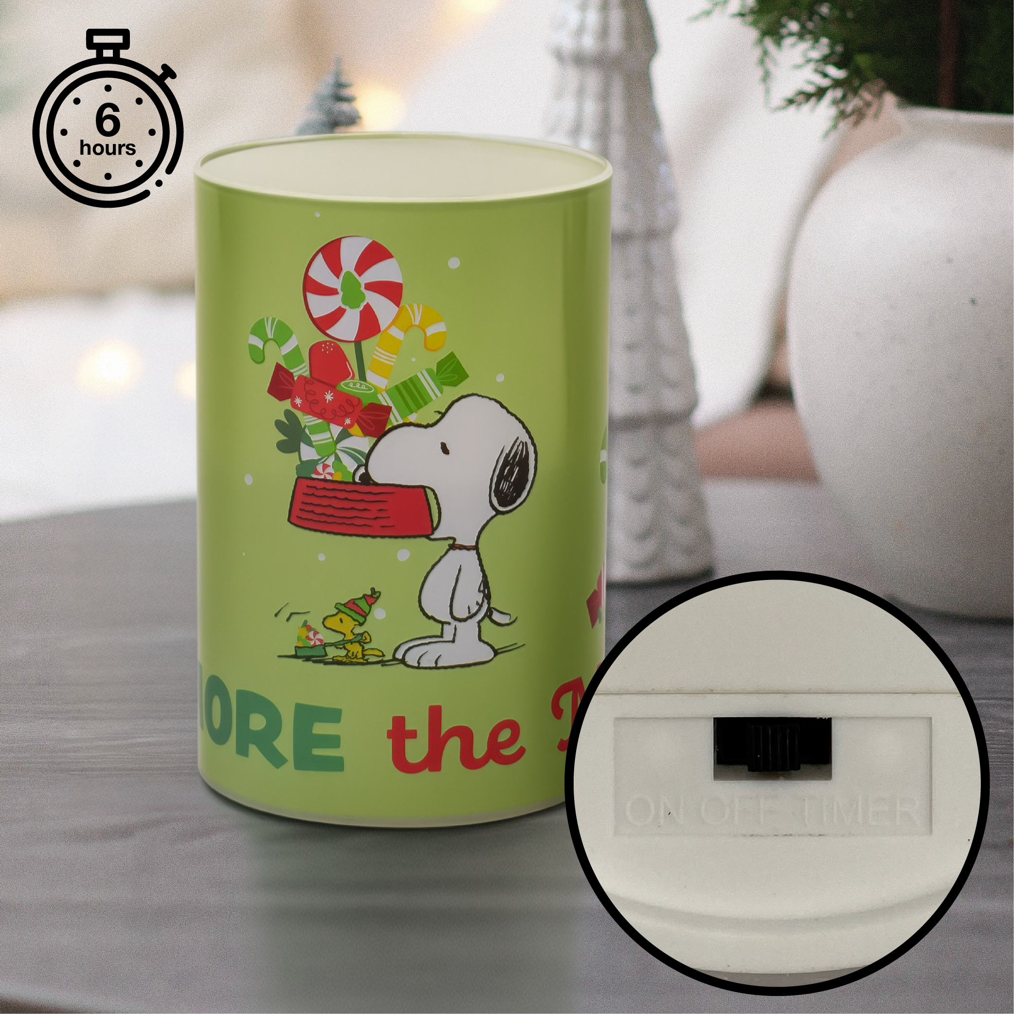 Peanuts Snoopy and Gang The More The Merrier Flameless LED Glass Holiday Pillar Candle, 4 x 6 Inch