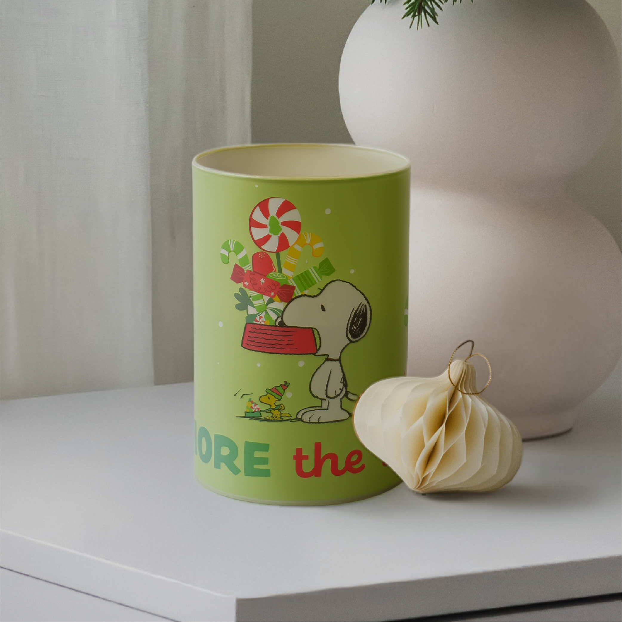 Peanuts Snoopy and Gang The More The Merrier Flameless LED Glass Holiday Pillar Candle, 4 x 6 Inch