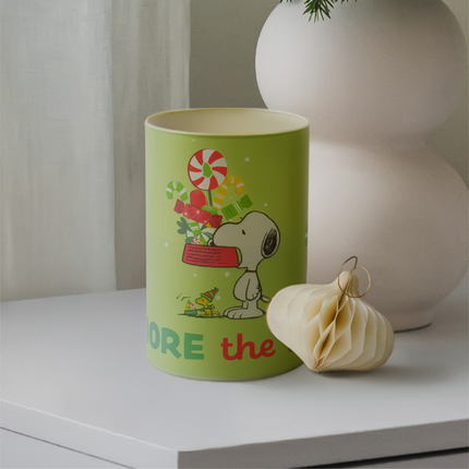 Peanuts Snoopy and Gang The More The Merrier Flameless LED Glass Holiday Pillar Candle, 4 x 6 Inch