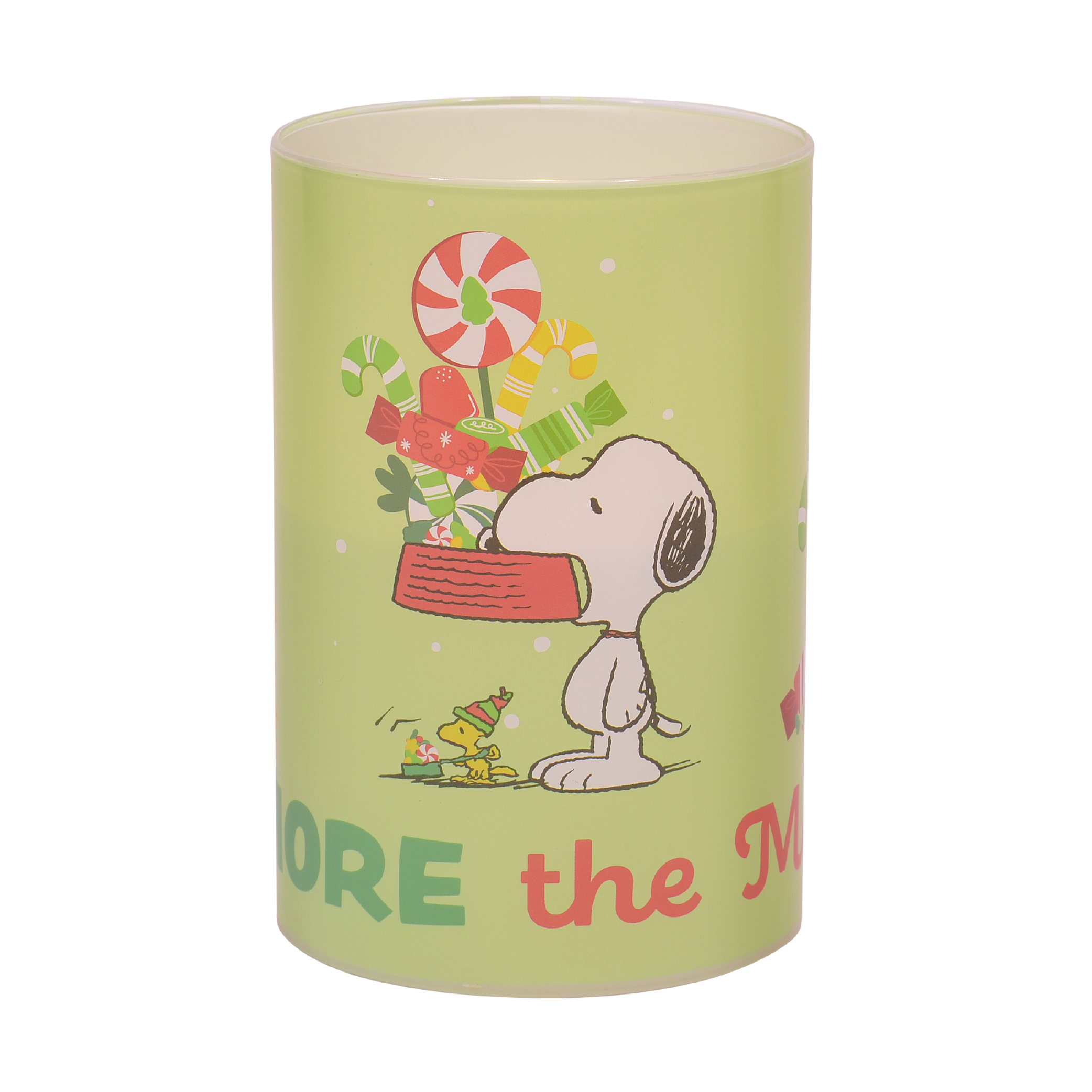 Peanuts Snoopy and Gang The More The Merrier Flameless LED Glass Holiday Pillar Candle, 4 x 6 Inch