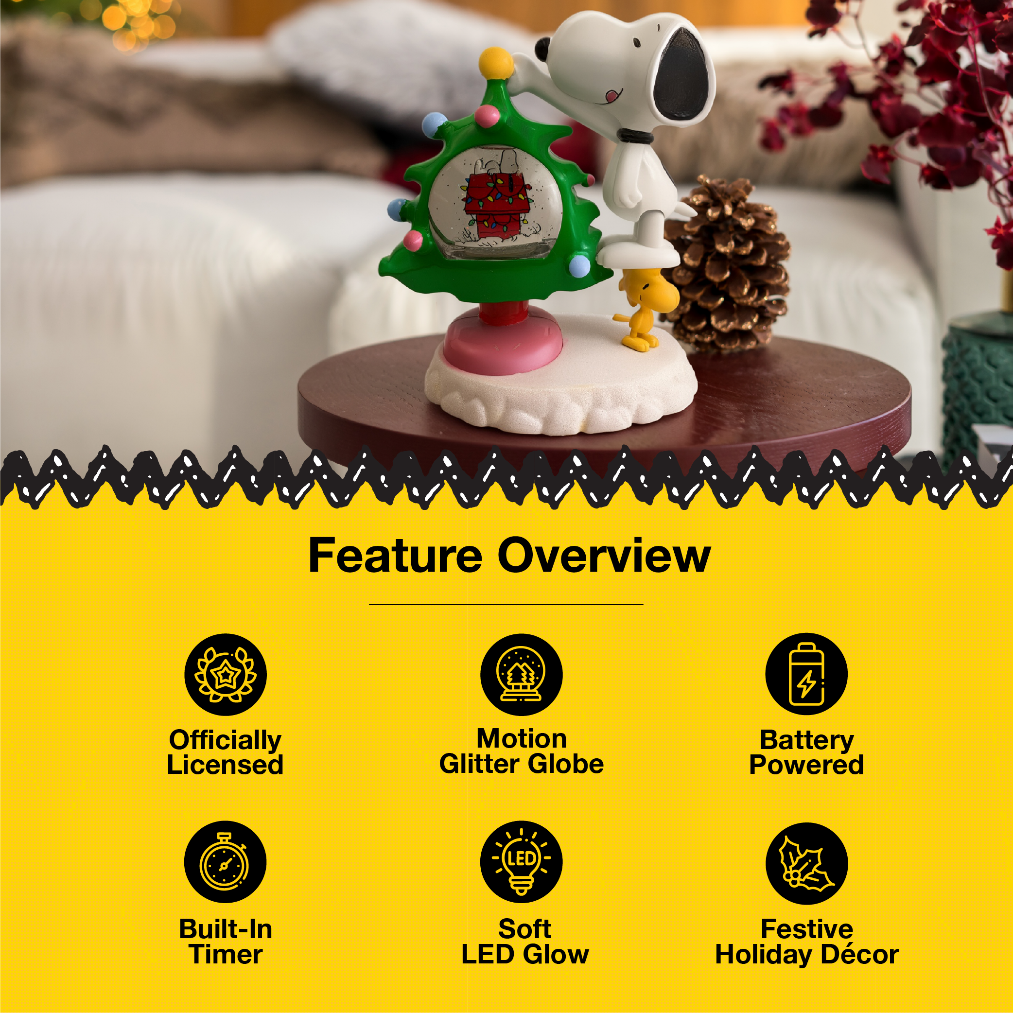 Peanuts Snoopy and Woodstock Motion Glitter LED Globe Christmas Tree, 10 Inch