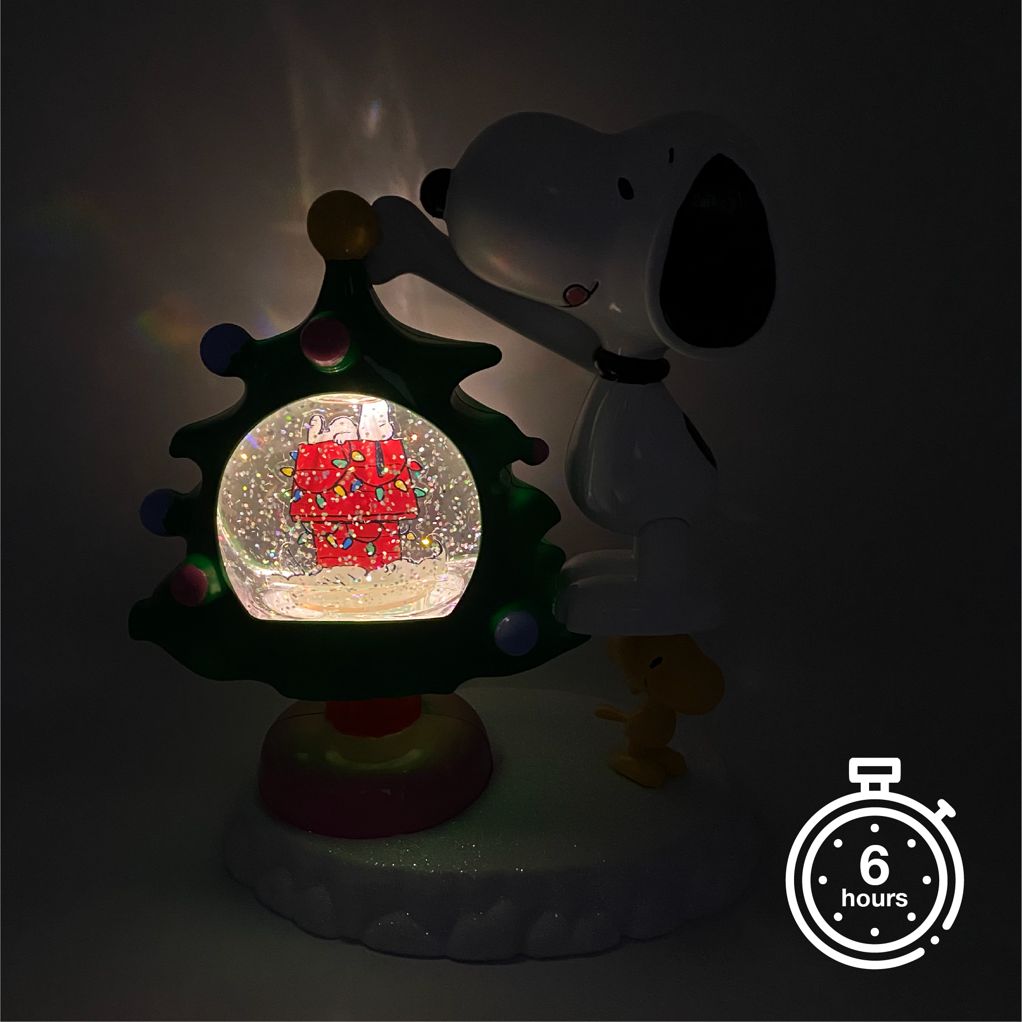 Peanuts Snoopy and Woodstock Motion Glitter LED Globe Christmas Tree, 10 Inch