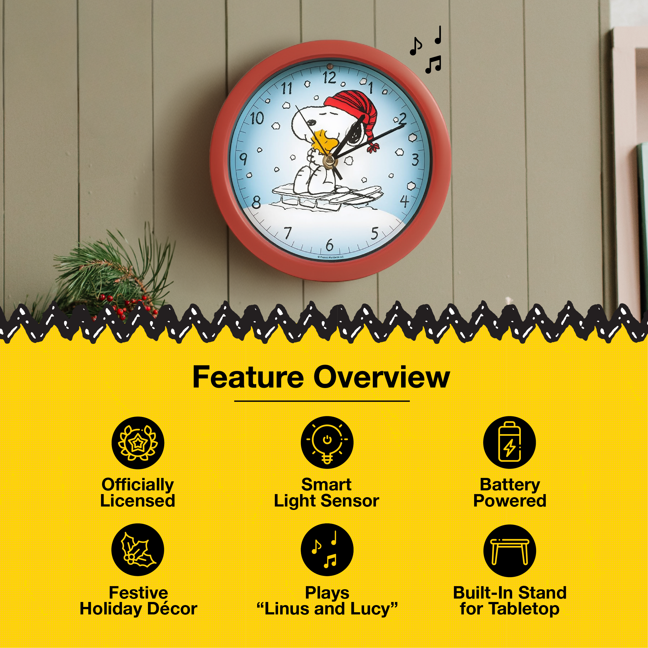 Peanuts Snoopy Sledding Sound Holiday Clock, 8 Inch