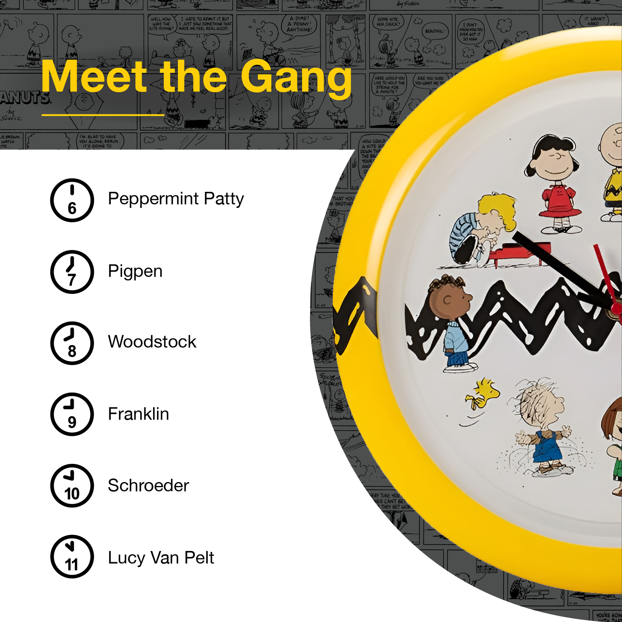 Peanuts Characters Zig Zag Wall Clock, 13 Inch