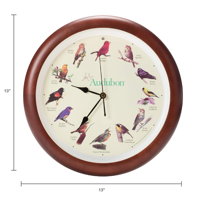 Audubon Society Singing Bird Clock, 13 Inch, Premium Cherry