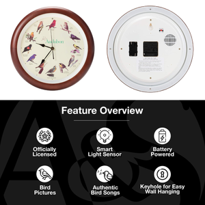 Audubon Society Singing Bird Clock, 13 Inch, Premium Cherry
