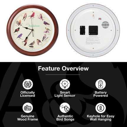 Audubon Society Singing Bird Clock, 13 Inch, Premium Cherry