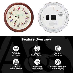 Audubon Society Singing Bird Clock, 13 Inch, Premium Cherry