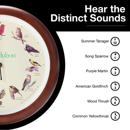 Audubon Society Singing Bird Clock, 13 Inch, Premium Cherry