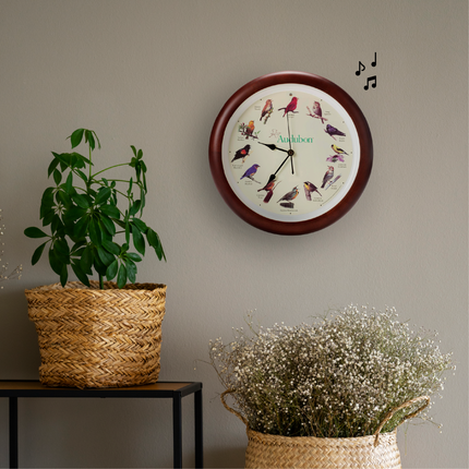 Audubon Society Singing Bird Clock, 13 Inch, Premium Cherry