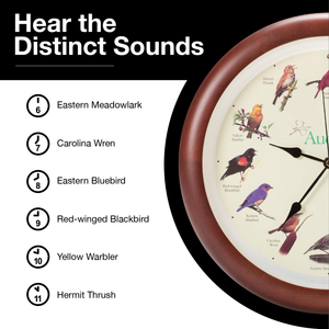 Audubon Society Singing Bird Clock, 13 Inch, Premium Cherry