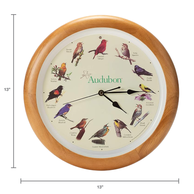 Audubon Society Singing Bird Clock, 13 Inch, Premium Oak