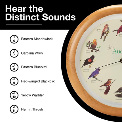 Audubon Society Singing Bird Clock, 13 Inch, Premium Oak