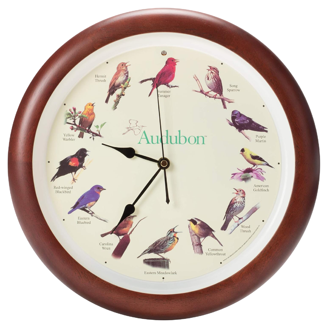 Audubon Society Singing Bird Clock, 13 Inch, Premium Cherry
