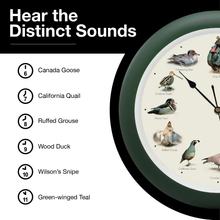 Load image into Gallery viewer, Singing Wild Game Birds of North America Wall Clock, 13 Inch, Green
