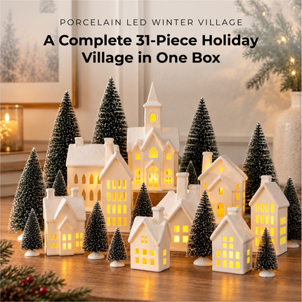 Winter Village LED Tea Light 31 Piece Porcelain Tabletop Christmas Figurine Boxed Set