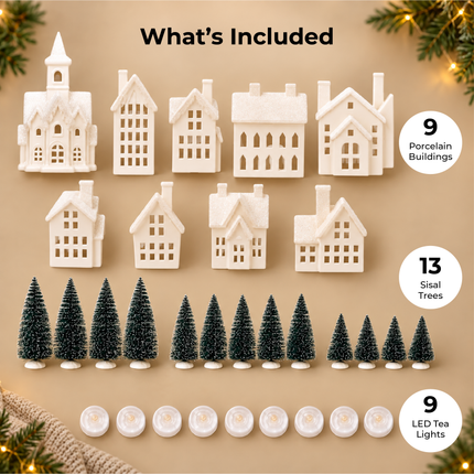 Winter Village LED Tea Light 31 Piece Porcelain Tabletop Christmas Figurine Boxed Set