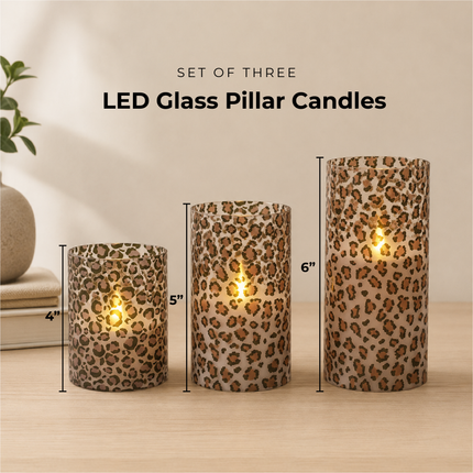 Wild Leopard Animal Print Flameless LED Glass Pillar Candles, Set of 3, 6 Inch