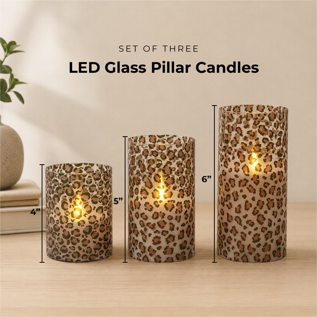 Wild Leopard Animal Print Flameless LED Glass Pillar Candles, Set of 3, 6 Inch