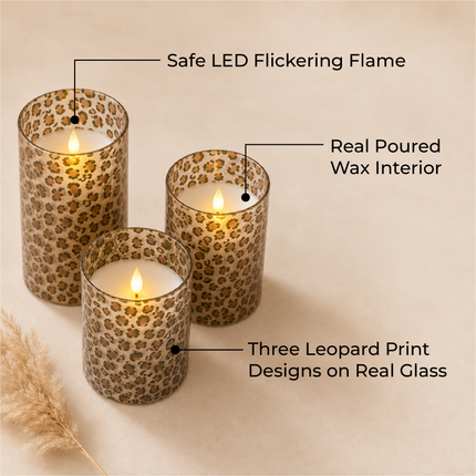 Wild Leopard Animal Print Flameless LED Glass Pillar Candles, Set of 3, 6 Inch