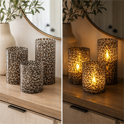 Wild Leopard Animal Print Flameless LED Glass Pillar Candles, Set of 3, 6 Inch