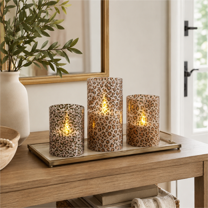 Wild Leopard Animal Print Flameless LED Glass Pillar Candles, Set of 3, 6 Inch