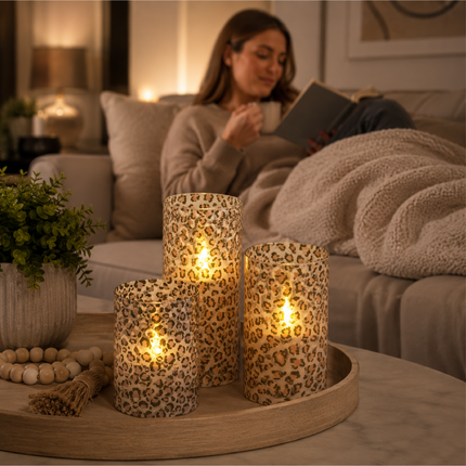 Wild Leopard Animal Print Flameless LED Glass Pillar Candles, Set of 3, 6 Inch