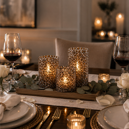 Wild Leopard Animal Print Flameless LED Glass Pillar Candles, Set of 3, 6 Inch