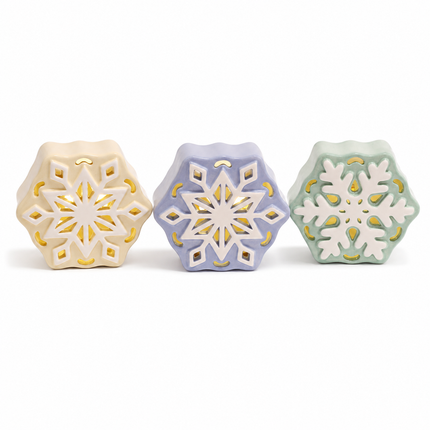 Ceramic Snowflake Winter Decor LED Tabletop Lights, 4 Inch, Set of 3