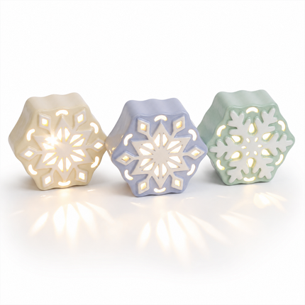 Ceramic Snowflake Winter Decor LED Tabletop Lights, 4 Inch, Set of 3