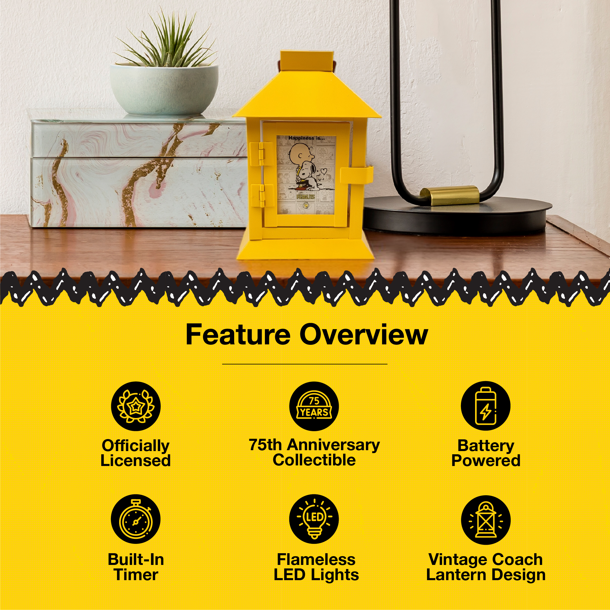 Peanuts 75th Anniversary Happiness is Metal Flameless LED Coach Lantern, 6 Inch