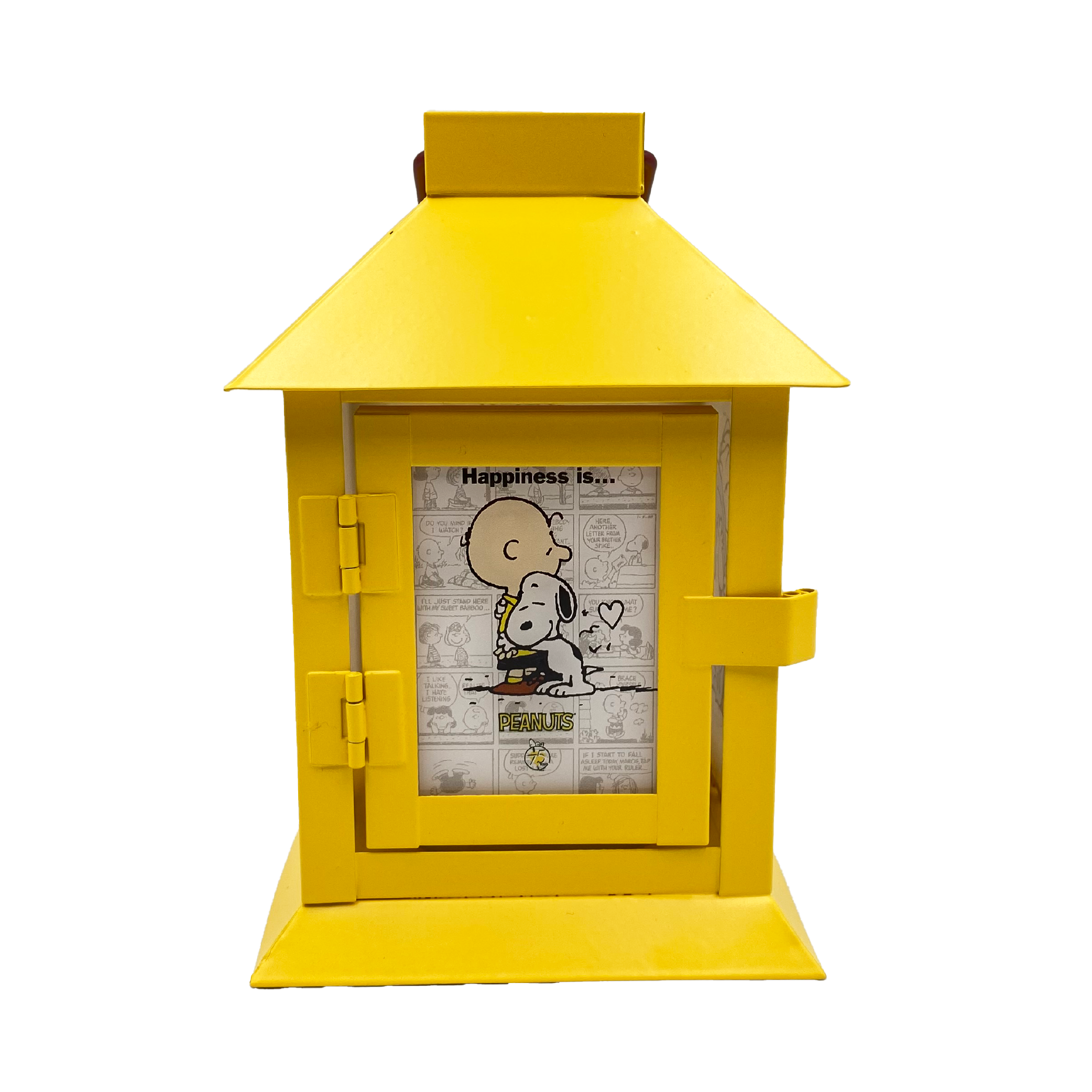 Peanuts 75th Anniversary Happiness is Metal Flameless LED Coach Lantern, 6 Inch, Yellow