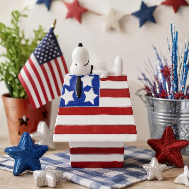 Peanuts Snoopy on Patriotic American Flag Doghouse Figurine, LED Lights, Battery Operated, 4th of July Collectible, 6 Inch