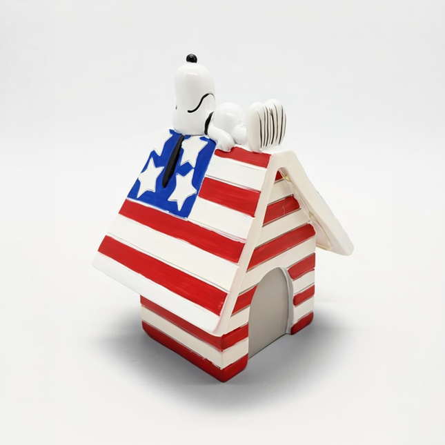 Peanuts Snoopy on Patriotic American Flag Doghouse Figurine, LED Lights, Battery Operated, 4th of July Collectible, 6 Inch