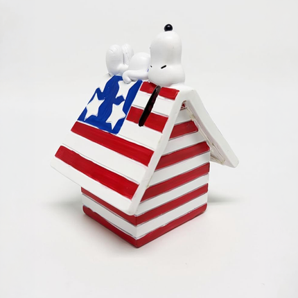 Peanuts Snoopy on Patriotic American Flag Doghouse Figurine, LED Lights, Battery Operated, 4th of July Collectible, 6 Inch