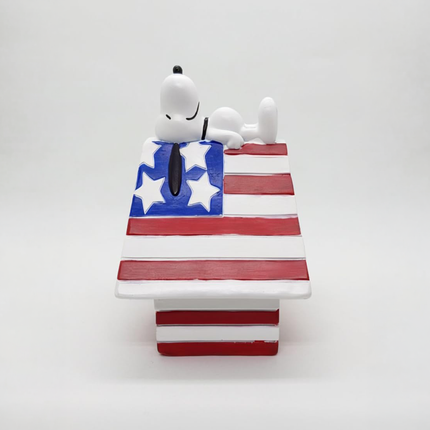 Peanuts Snoopy on Patriotic American Flag Doghouse Figurine, LED Lights, Battery Operated, 4th of July Collectible, 6 Inch