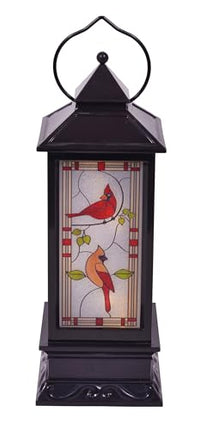 Pre Lit LED Winter Cardinals on Foliage Stained Glass Style Lantern, Black, 11 Inch
