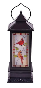 Pre Lit LED Winter Cardinals on Foliage Stained Glass Style Lantern, Black, 11 Inch