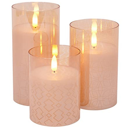Mid Century Modern Flameless LED Glass Pillar Candles, Metallic Rose Gold, Set of 3