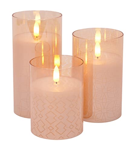 Mid Century Modern Flameless LED Glass Pillar Candles, Metallic Rose Gold, Set of 3