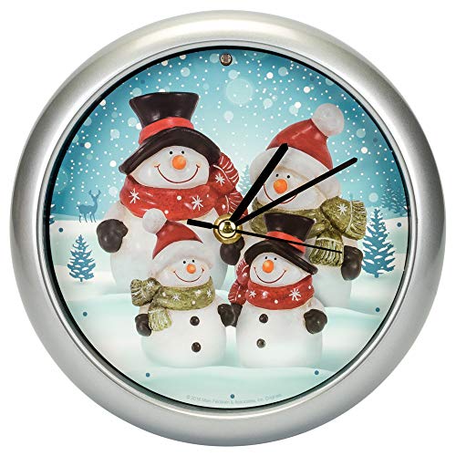 Snowman Family Winter Wonderland Round Sound Clock, 8 Inch, Silver