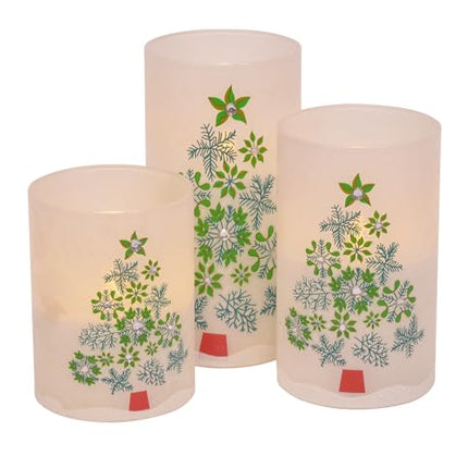 Frosted Jeweled Snowflake Christmas Tree Flameless LED Glass Pillar Candles, Set of 3