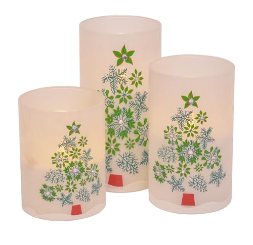 Frosted Jeweled Snowflake Christmas Tree Flameless LED Glass Pillar Candles, Set of 3